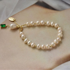 Popular Chic adjustable Slide Chain 18k gold plated  freshwater pearl bracelet with green CZ Charm for women