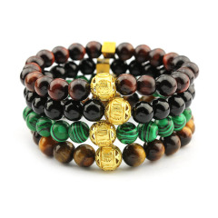 BN1003 Newest Plated Matte Gold Mantra Focal Bead Bracelet , Natural Elastic Onyx Beads Bracelets