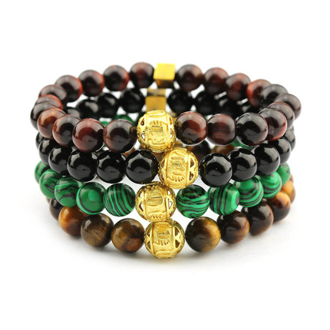 BN1003 Newest Plated Matte Gold Mantra Focal Bead Bracelet , Natural Elastic Onyx Beads Bracelets
