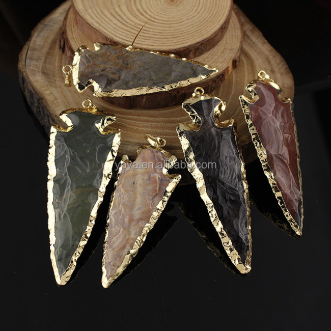 JF6849 Clearance sale !! Large long gold electroplated jasper hammered arrowhead pendants,natural jasper arrow head pendants