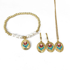 S11089 18k Gold Plated Enamel Daisy Tulip Flower Necklace Bracelet Earring Women Accessories Jewelry Sets