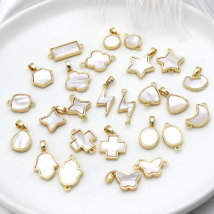 JF7335 Dainty White Shell Round Oval Teardrop Square Pendants,Tiny Gold Bezel Shell Star Butterfly Moon Lightning Charm Pendant