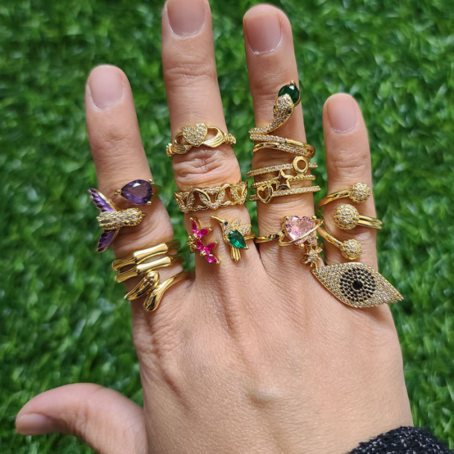 RM1385 18K Gold Plated CZ Micro Pave hummingbird Bird Spiritual ring, cubic zirconia Evil Eyes ring, Zircon Heart Rings