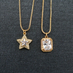 NZ1136  Dainty Bling Jewelry Gold Plated Big Zircon CZ Diamond Star Rectangle Pendant Chain Statement Necklace