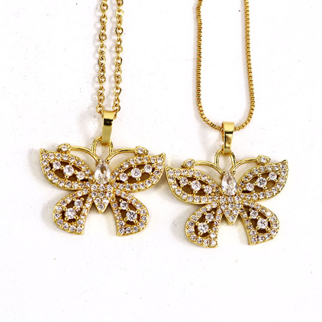 NZ1125 Chic Bling Blingbling Iced Out CZ Zircon Micro Pave Butterfly Charm Pendant Chain Necklace for Women