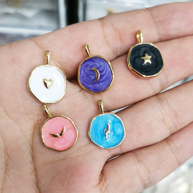 JS1577 Round Gold Plated brass enamel heart moon star eagle lightning charms Pendant