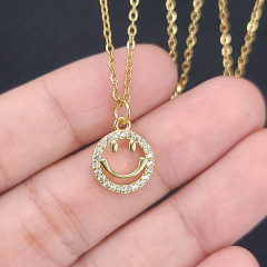 NZ1256 Fashion Jewelry Waterproof Stainless Steel Box Chain Women SMILEY Face Necklace,Charm Diamond Emojis Ladies Necklace