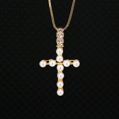 NZ1170 NEW 18K gold plated brass CZ micro pave Charm Christian religious shell pearls cross Pendant Necklaces