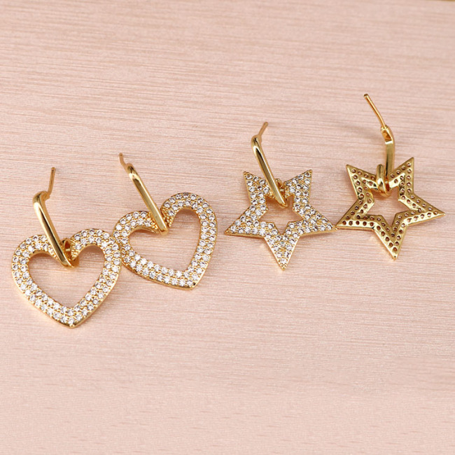 EC1718 2021 Womans Fashion Gold Plated Clear CZ Micro Pave Heart Star,Crescent Hamsa Hand Circle Dangle Charm Huggie Earrings