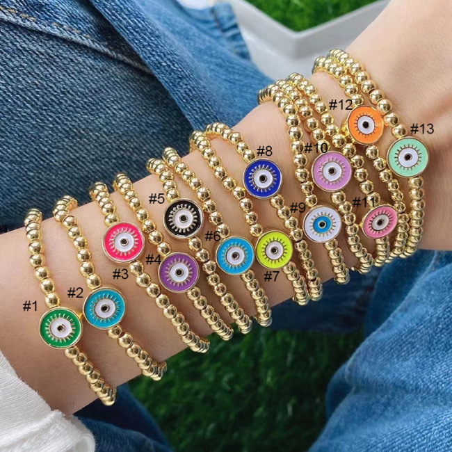 BM1069 4MM Gold Beads Beaded Elastic Bracelet with Colorful Enamel Crescent Moon Charm for Ladies Women