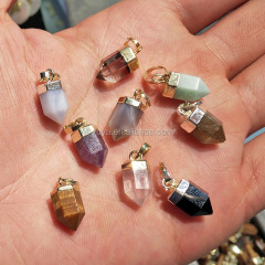 JF7205 2018 Dainty mini gold plated faceted natural quartz gemstone hexagonal spike pendant