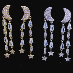 EC1681Celestial Jewelry CZ Micro Pave Crescent Moon and Star Tassel Dangle Charm Earrings,Cubic Zirconia Tassel