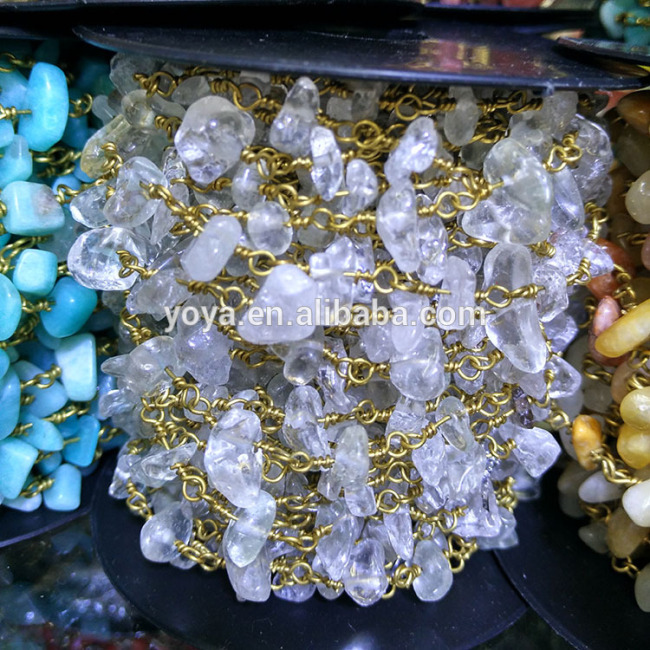BCL1137 Hot sale clear crystal quartz chips beaded chains,wire wrapped rosary chains
