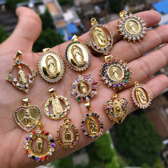 CZ7958 Hotsale Dainty Charm 18k Gold Plated Rainbow CZ Micro Paved Blessed Mother Mary Saint Religious Pendants
