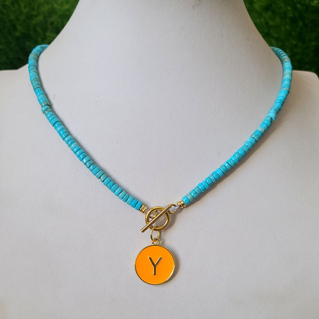 NN1139 Fashion Natural Turquoise Stone Heishi Beaded Toggle Clasp Enamel Letter Initial Choker Necklace