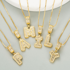 Bling Crystal Iced Out Gold Plated Baguette Alphabet Letter Charm Pendant Necklaces Initial Charm Chain Necklace for Women