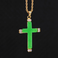 NN1136 Stainless Steel Chain Round Disc Natural Jade Cross Necklace Chinese Style Lucky Jewelry Jade Necklace