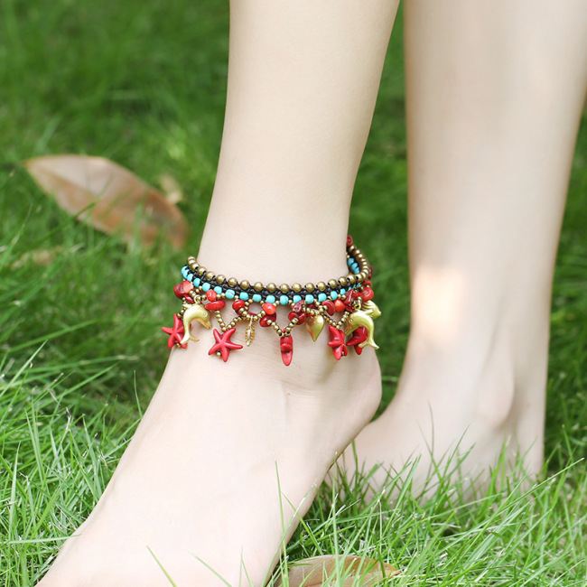 AS1010 Vintage Handmade Turquoise Beaded Star and dolphin Fish Charm Macrame Anklets for Women, Boho Bohemian Anklet for Girls