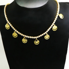 NZ1191 Gold Diamond Bling Iced CZ Smiley Happy Face Dangle Charms Tennis Rhinestone Tennis Choker Necklace