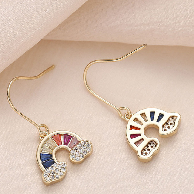 EC1740 Small Womens 18k Gold Plated CZ Micro Paved Rhinestone Rainbow Dangle Charm Stud Earrings for Women Girls