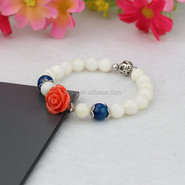 BRH1167 Fashion White Shell Beaded Coral rose flower beads bracelets