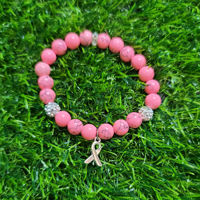 BR0502 Custom Polymer Clay Heishi Disc Beaded Bracelet with charm Stone Beads Beaded Breast Cancer Awareness Bracelet