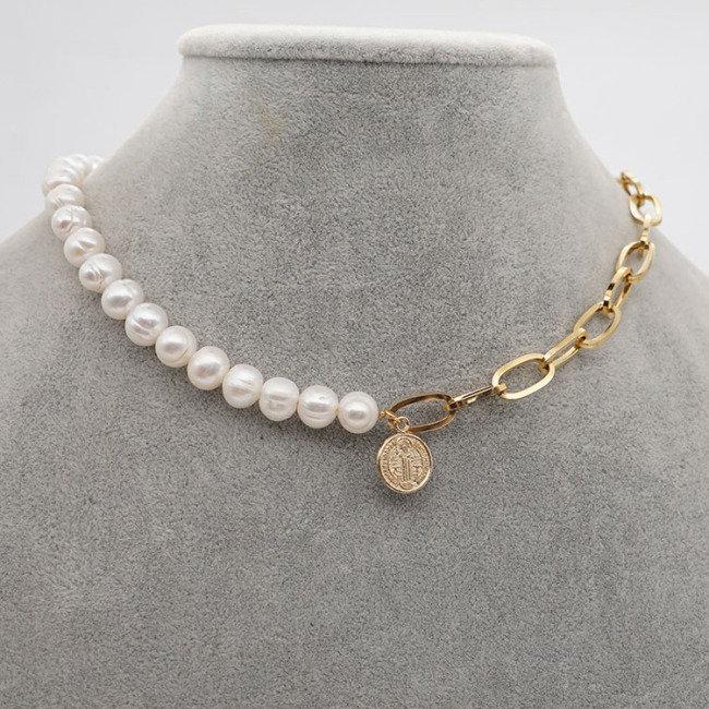 Chic Gold Plated Stainless Steel Paperclip Chain Pearl Coin Statement Pendant Layering Necklace Jewelry,Cross Pendant Necklace