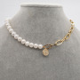 Chic Gold Plated Stainless Steel Paperclip Chain Pearl Coin Statement Pendant Layering Necklace Jewelry,Cross Pendant Necklace