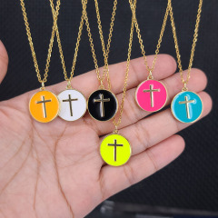 NM1206 18k Gold Plated Rainbow Enamel Multicolor Cross On Disc Round Pendant Stainless Steel Chain Necklace