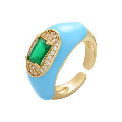 RM1242 gold plated Brass Metal Rainbow enamel CZ diamond micro pave big gemstone adjustable cuff Rings