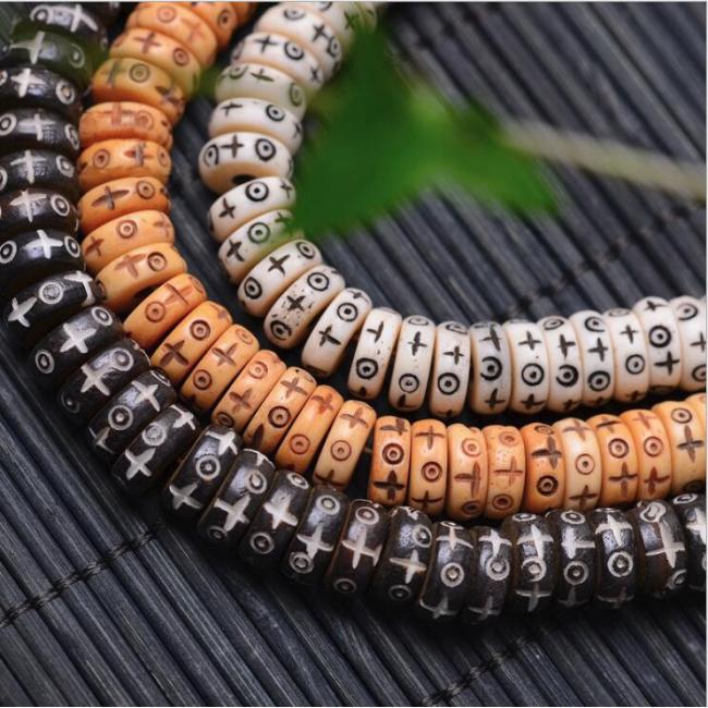 OB0110 White Black Brown Natural Ox Bone Carved Disc Heishi Rondelle Spacer Beads