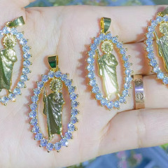 CZ8468 Hotsale Charm 18k Gold Plated Rainbow CZ Micro Paved Blessed Mother Mary Saint Halo Religious Pendants