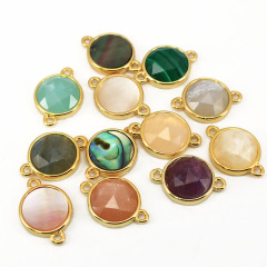 JF8707 Dainty Gold Plated Faceted Natural Labradorite Semiprecious Stone Gemstone Round Bezel Two Ring Connector