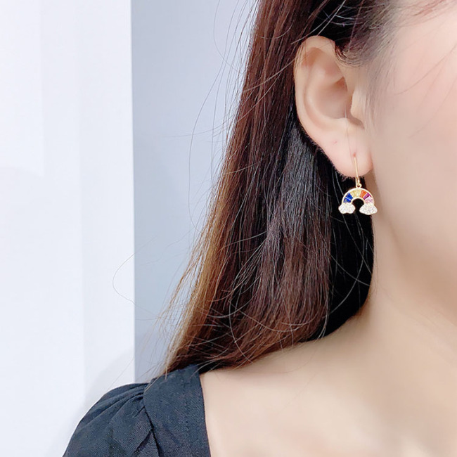 EC1740 Small Womens 18k Gold Plated CZ Micro Paved Rhinestone Rainbow Dangle Charm Stud Earrings for Women Girls