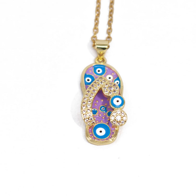 NZ1300  Fashion Small Cute 18k Gold Enamel Evil Eyes Flip Flop Slipper Pendant Stainless Steel Chain Necklace for Women