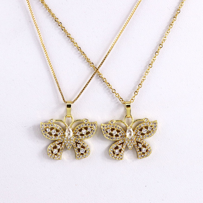 NZ1125 Chic Bling Blingbling Iced Out CZ Zircon Micro Pave Butterfly Charm Pendant Chain Necklace for Women