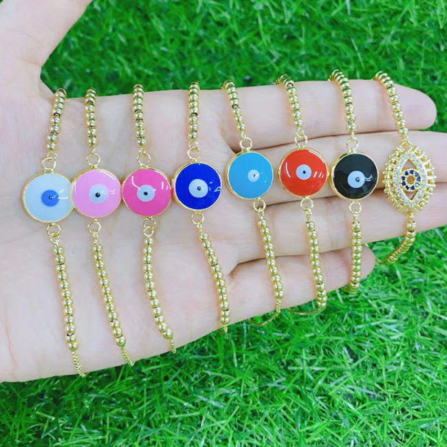 BM1060 Chic Tiny Gold Beaded Adjustable Slide Chain Colorful Enamel Evil Eyes Beaded Bracelets for Ladies