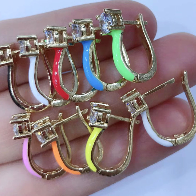EC1639 New Chic Rainbow Enamel 18k Gold Plated Zircon CZ Micro Huggie Earring