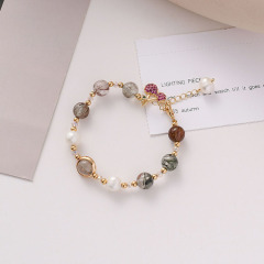 Natural Rutilated Strawberry Quartz Freshwater Pearl Slide Chain Bracelet with CZ Paved Cherry Charm for Valentine's Day Gift