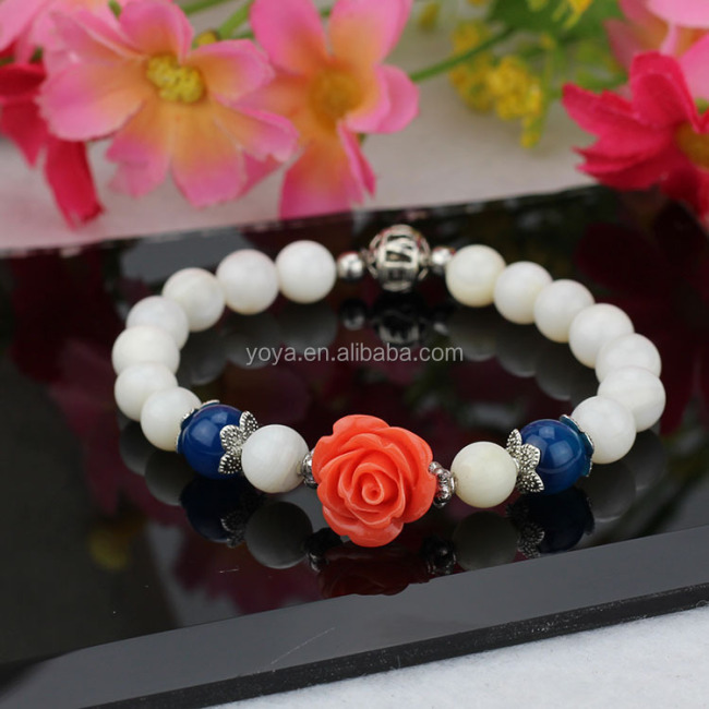 BRH1167 Fashion White Shell Beaded Coral rose flower beads bracelets