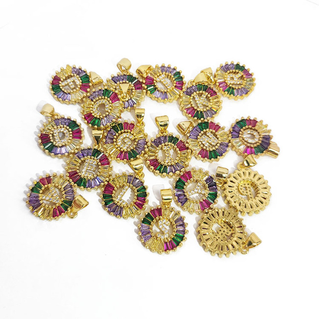 CZ7708 18K Gold Plated Personalized Rainbow CZ Paved Alphabet Letter Initial Charm Pendant with Baguette CZ Stones