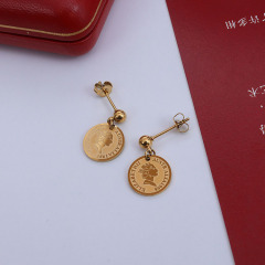 ES1095 High Quality Non Tarnish Gold Plated Stainless Steel Coin Drop Charm Stud Earrings