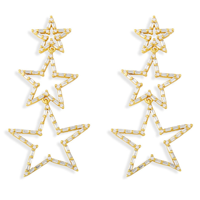 EC1646  Hot Sale  CZ Baguette Paved Triple Stars Drop Stud Earrings for Ladies 2021