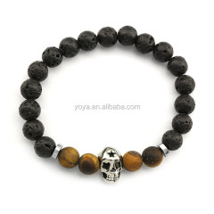 BN3028 fashion 8mm gemstone lava skull mens bracelet,tiger eye lava bead stainless steel skull elastic bracelet BN3028 fashion 8mm gemstone lava skull mens bracelet,tiger eye lava bead stainless steel skull elastic bracelet