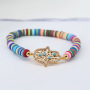 BC1260 Rainbow Polymer Clay Disc Heishi beaded Zircon CZ Micro Pave Heart Cross Charm Bracelet