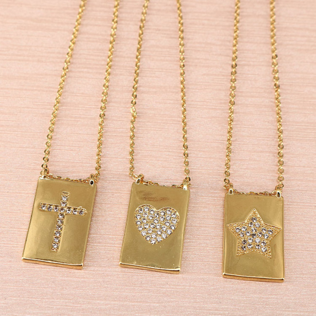 NZ1157 Chic Gold Plated Zircon Diamond CZ Micro Paved Star Heart Cross Rectangle Medal Pendant Chain necklace