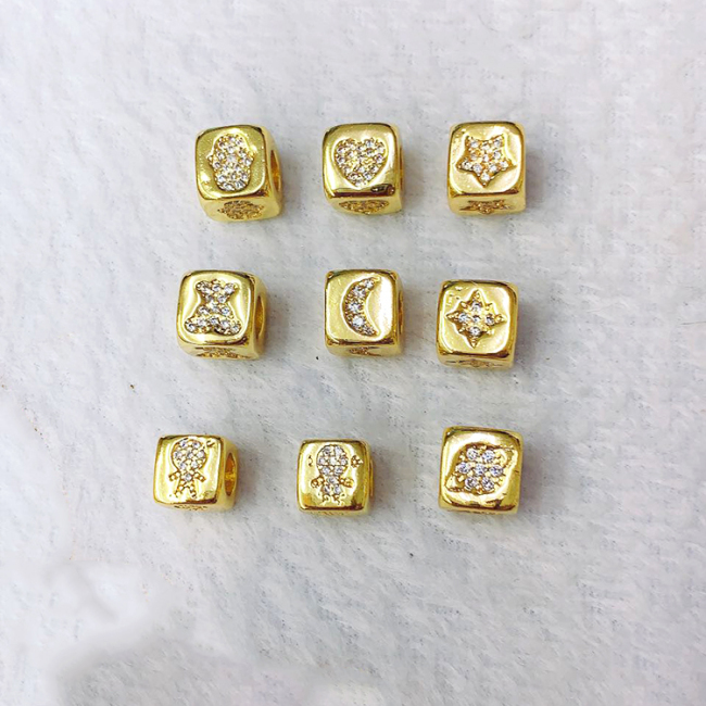 CZ8098 Big Hole Gold Plated Diamond CZ Micro paved Dice Cube BOX Jewelry Beads with Hand Star Moon Boy Girl Pattern