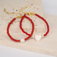 BB1038 Dainty Tiny 4mm Genuine Red Coral Beaded Freshwater Pearl White Shell Heart Focal Bead Adjustable Bracelets