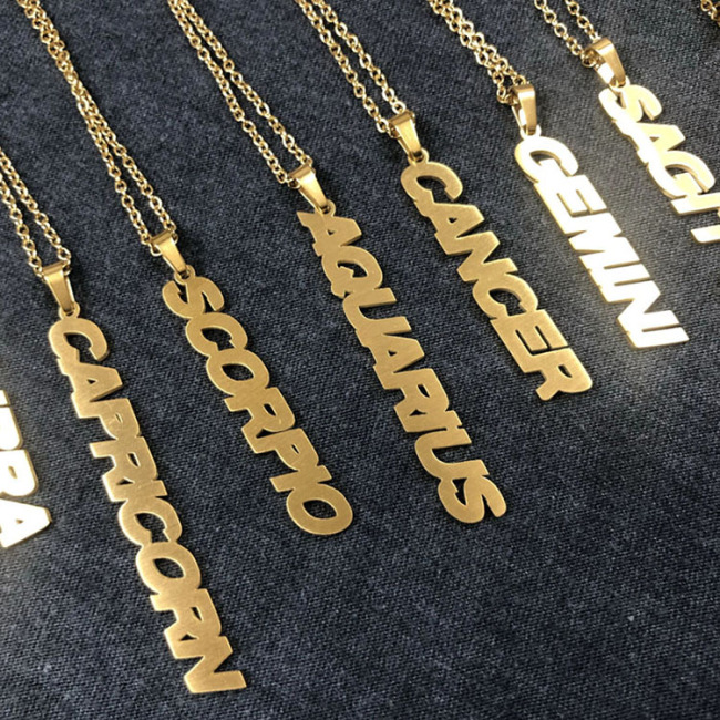 NS1085 Star Constell IP Gold Plated Stainless Steel Horoscope Zodiac Sign Vertical Bar Pendant Necklace