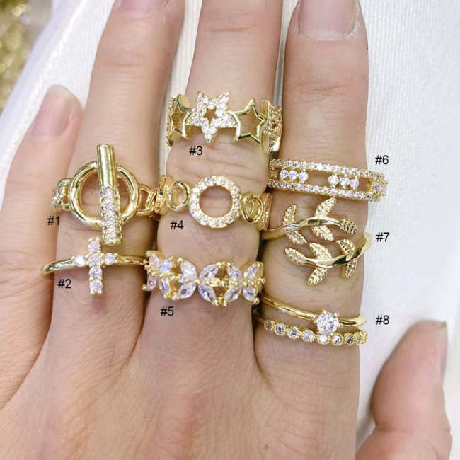 RM1180 Dainty Delicate  Minimalist Gold Plated Diamond CZ Micro Pave Leaf Toggle Cluster Double Stack Cocktail Rings for Ladies